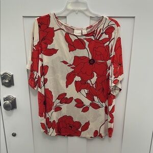 Chico's Cream and Red Poppy 3/4 Sleeve Boxy Blouse
